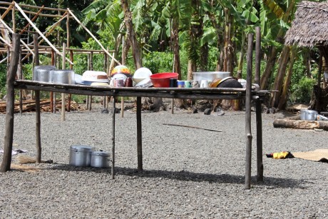 Cooking utensils for the jungle village spotlessly clean.